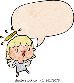 cute cartoon angel with speech bubble in retro texture style