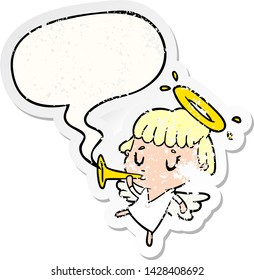 cute cartoon angel with speech bubble distressed distressed old sticker