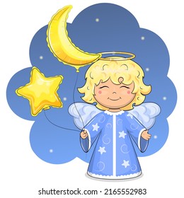 Cute cartoon angel with star and moon balloons. Night vector illustration isolated on blue background.