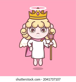 cute cartoon angel stylized like a queen. vector illustration for mascot logo or icon