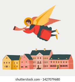 Cute cartoon angel with a trumpet flying above an old town, Christmas symbol. Trinity Suburb, old part of Minsk, Belarus