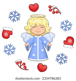 Cute cartoon angel in a winter frame. Christmas vector illustration of a small child with wings, snowflakes, red hearts, berries and mittens on a white background.