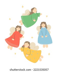 Cute cartoon angels. Girls in dresses with wings.

