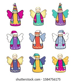 Cute cartoon angels. Set of bright multi-colored vector funny icons for design and decoration.