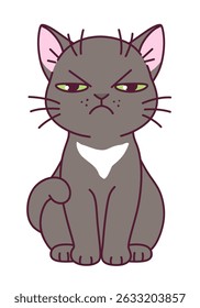 Cute cartoon angry dark gray cat on a white background.