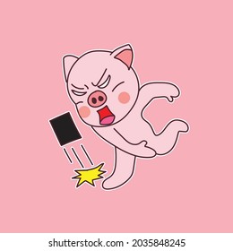 cute cartoon angry pig character slams the phone