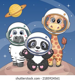 Cute cartoon animal astronauts on the planet. Space vector illustration with panda, zebra and giraffe in helmets on a blue background.