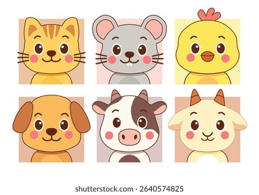 A cute cartoon animal avatar set featuring a cat, mouse, chicken, dog, cow, and goat. Perfect for kids' educational materials, children’s books, nursery decorations, stickers, and learning apps