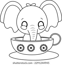 Cute Cartoon Animal Baby Elephant  In The Mug Black And White Vector Illustration Color Page For Coloring Page