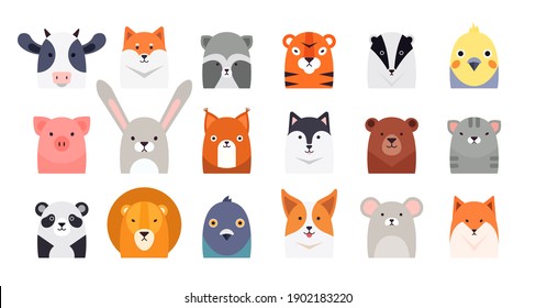 Cute cartoon animal, bird head flat style vector illustrations. Vector clipart collection of cute animals characters. Pets, farm, zoo design set for baby clothes, card and invitation templates.