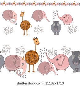 cute cartoon animal border with giraffe, elephants and hippo