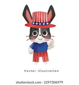 Cute cartoon animal bunny rabbit watercolor vector illustration. the holiday Independence Day of American,USA,4th of July.