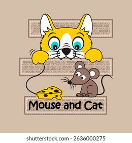 Cute cartoon animal cat and mouse, Flat Vector Illustration