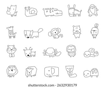 Cute cartoon animal character set in outline line art with charming forest and jungle creatures showing emotional poses for yours illustration and creative designs projects