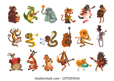 Cute cartoon animal characters playing various musical instruments vector Illustrations on a white background
