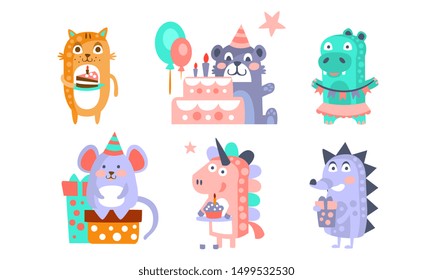 Cute Cartoon Animal Characters Set, Childish Birthday Party Design, Cat, Bear, Crocodile, Mouse, Unicorn, Hedgehog Vector Illustration