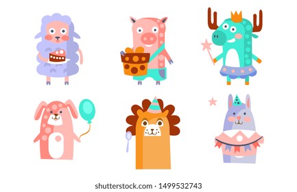 Cute Cartoon Animal Characters Set, Childish Birthday Party Design, Sheep, Pig, Deer, Dog, Lion, Bunny, Vector Illustration