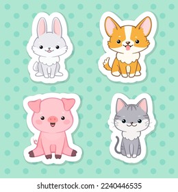 Cute cartoon animal characters sticker pack. Cheerful rabbit, cat, pig and dog. Useful for holiday greeting card, baby shower invitation and other design 