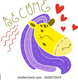 Cute cartoon animal.  Children's illustration.  Bright colors.  Vector graphics, white background.  Design element.  Good for print and typography.  The horse says - Become.  Yellow, red and purple.