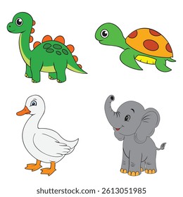 Cute Cartoon Animal Collection with Dinosaur, Turtle, Duck, and Elephant