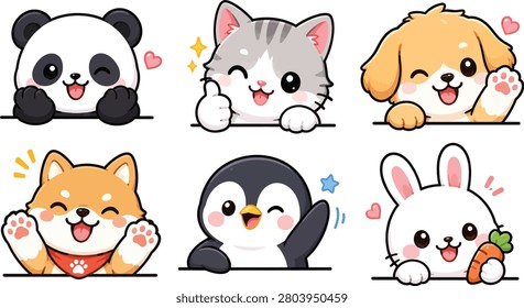 Cute cartoon animal collection featuring panda, kitten, puppy, fox, penguin, and bunny peeking over the edge with adorable expressions. Perfect for children's books, nursery decor, greeting cards, stickers, planners, printable crafts, social media graphics, and cute mascot designs.