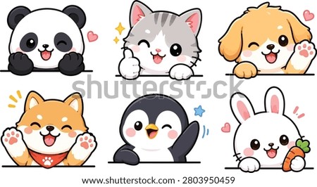 Cute cartoon animal collection featuring panda, kitten, puppy, fox, penguin, and bunny peeking over the edge with adorable expressions. Perfect for children's books, nursery decor, greeting cards, stickers, planners, printable crafts, social media graphics, and cute mascot designs.
