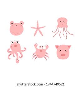 cute cartoon animal collection frog starfish octopus crab pig pink