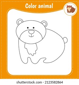Cute cartoon animal - coloring page for kids. Educational Game for Kids. Vector illustration. Color bear