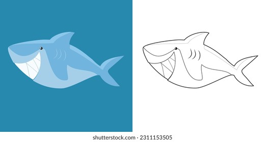 Cute cartoon animal coloring page. Coloring shark the sea animals worksheet. Coloring activity for children. Printable educational coloring worksheet. Vector file.