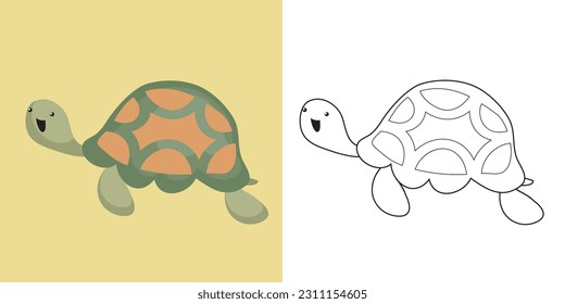 Cute cartoon animal coloring page. Coloring the turtle sea animals worksheet. Coloring activity for children. Printable educational coloring worksheet. Vector file.