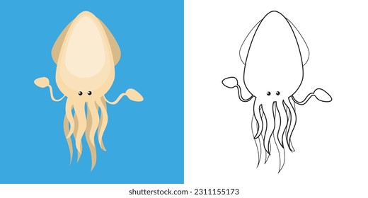 Cute cartoon animal coloring page. Coloring the squid sea animals worksheet. Coloring activity for children. Printable educational coloring worksheet. Vector file.