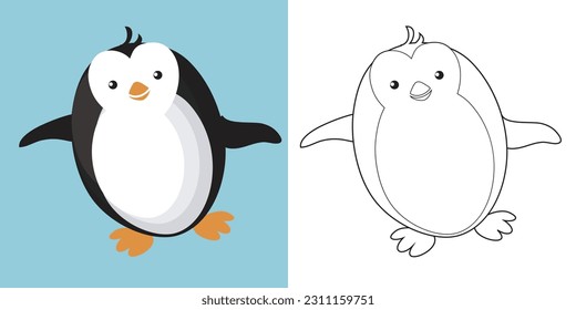 Cute cartoon animal coloring page. Coloring the penguin sea animals worksheet. Coloring activity for children. Printable educational coloring worksheet. Vector file.