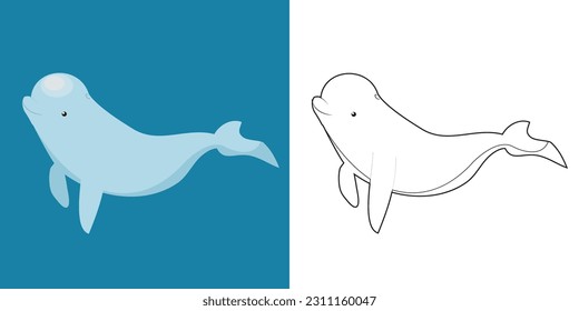 Cute cartoon animal coloring page. Coloring beluga the sea animals worksheet. Coloring activity for children. Printable educational coloring worksheet. Vector file.