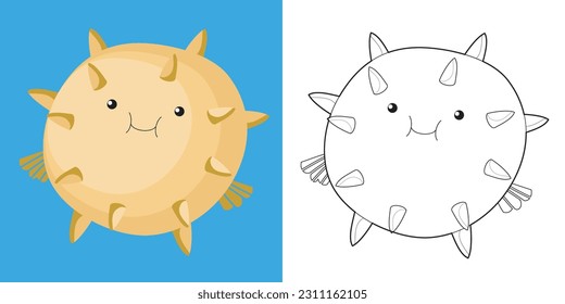 Cute cartoon animal coloring page. Coloring pufferfish the sea animals worksheet. Coloring activity for children. Printable educational coloring worksheet. Vector file.