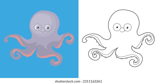 Cute cartoon animal coloring page. Coloring octopus the sea animals worksheet. Coloring activity for children. Printable educational coloring worksheet. Vector file.