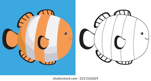 Cute cartoon animal coloring page. Coloring clownfish the sea animals worksheet. Coloring activity for children. Printable educational coloring worksheet. Vector file.