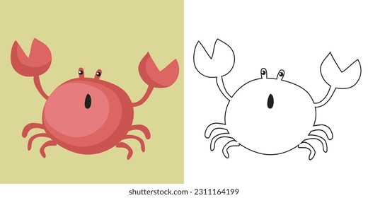 Cute cartoon animal coloring page. Coloring crab the sea animals worksheet. Coloring activity for children. Printable educational coloring worksheet. Vector file.