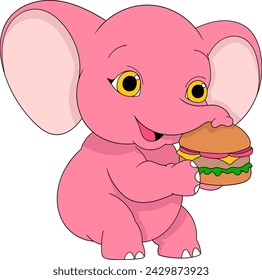 cute cartoon animal doodle emblem illustration, pink elephant calf carrying a burger to eat, creative drawing 
