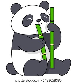 cute cartoon animal doodle illustration, cute panda sitting playing eating bamboo, creative drawing 