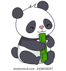 cute cartoon animal doodle illustration, cute panda cub sitting playing eating bamboo, creative drawing 