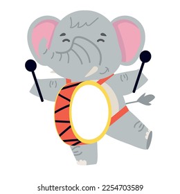 Cute cartoon animal elephant playing the drum