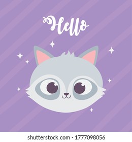 cute cartoon animal face adorable little raccoon purple background vector illustration