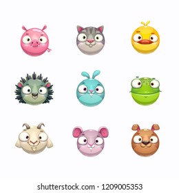 	
Cute cartoon animal face icons set. Isolated on white background. Vector round characters assets for game design. Pig, cat, duck, hedgehog, frog, bunny, goat, dog, mouse stickers for kids.