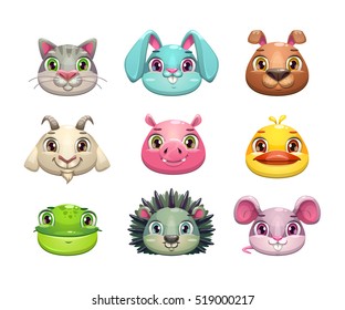 Cute cartoon animal face icons set. Isolated on white background. Vector assets for game design.