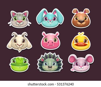 Cute cartoon animal face icons set. Isolated stickers on dark background. Vector assets for game design.