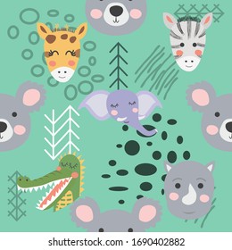 Cute cartoon animal faces. Boho cute tribal animals pattern.