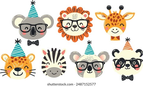 Cute cartoon animal faces character, hand drawn elements for birthday decor, stickers, invitation card, poster