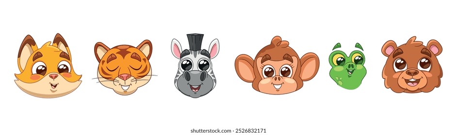 Cute Cartoon Animal Faces Featuring A Cat, Tiger, Zebra, Monkey, Frog, And Bear All Displaying Playful Expressions