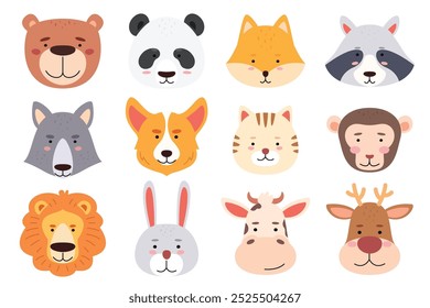 Rostos bonitos de animais de desenhos animados. Cabeças de vários animais. As máscaras de crianças na forma de animais. Ilustração vetorial