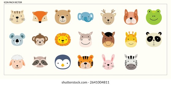 Cute Cartoon Animal Faces and Heads Icons for Children's Design